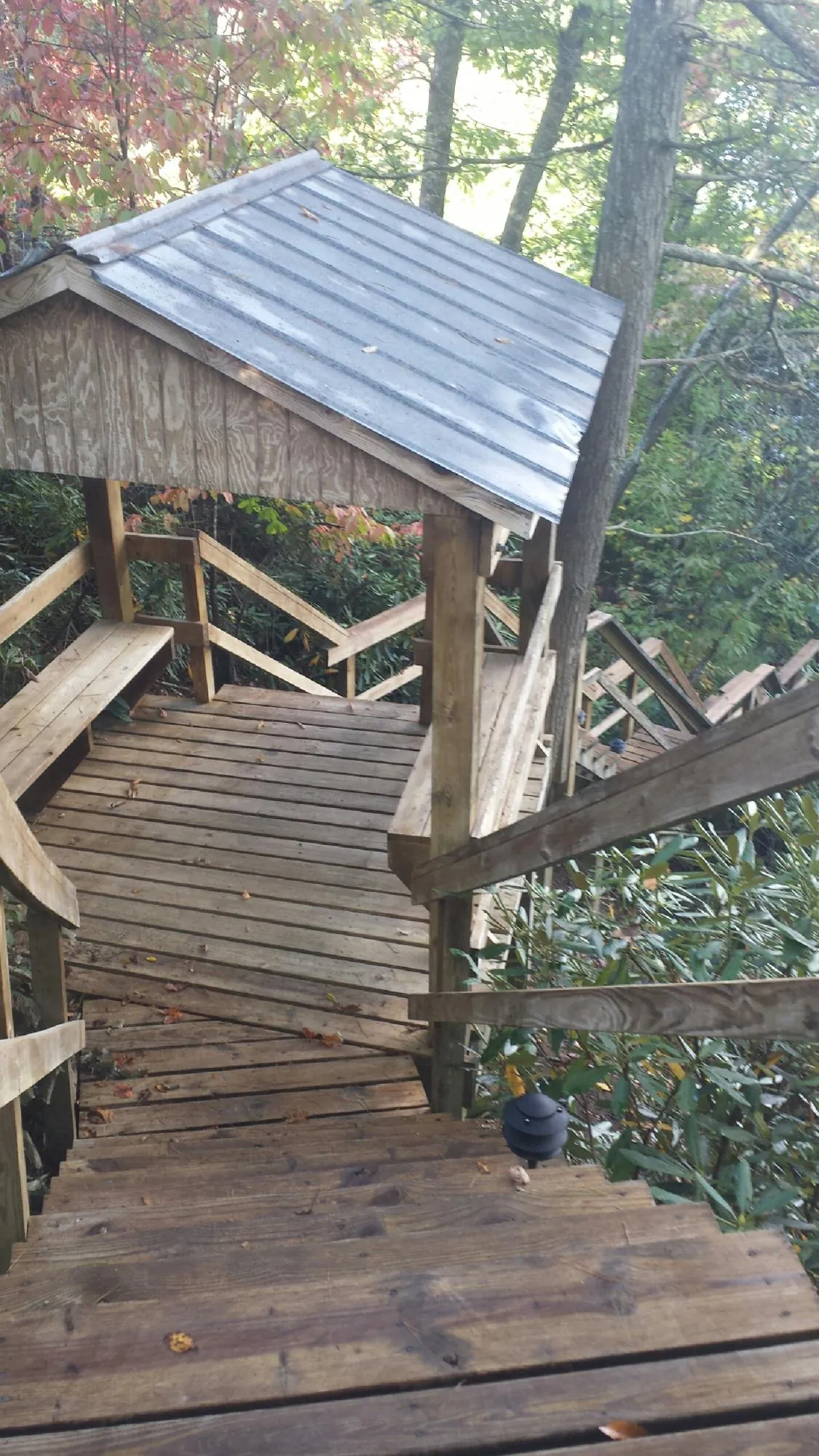 Metal roofed shelter over wooden steps on a wooded walkway — Skylight Repair & Installation work by our crew in Fosston